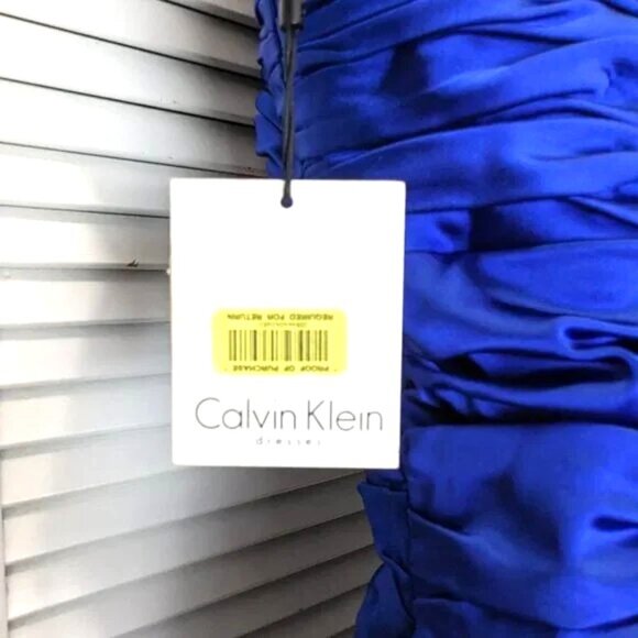 Calvin Klein Bodycon Cocktail Wiggle Dress Sz 10 Royal Blue Satin NWT Ruched - Picture 6 of 13